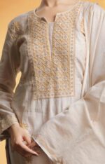 Srajann Hand Embroided Fawn Tissue Lucknowi Chikankari Unstitched Kurta Dupatta Set (SLC3664) - Image 6