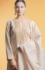 Srajann Hand Embroided Fawn Tissue Lucknowi Chikankari Unstitched Kurta Dupatta Set (SLC3664) - Image 2