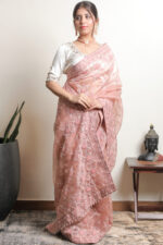 PEACH PURE & PREMIUM ORGANZA CHIKANKARI SAREE & BLOUSE - Image 4