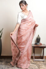 PEACH PURE & PREMIUM ORGANZA CHIKANKARI SAREE & BLOUSE - Image 6