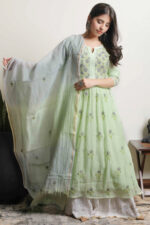 Srajann Hand Embroided Green Mul Chanderi Lucknowi Chikankari Unstitched Kurta Dupatta Set (SLC3536) - Image 3