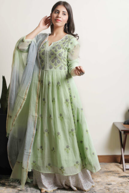 Elegant Hand Embroidered Green Mul Chanderi Lucknowi Chikankari Unstitched Kurta Dupatta Set by Srajann.