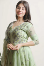 Srajann Hand Embroided Green Mul Chanderi Lucknowi Chikankari Unstitched Kurta Dupatta Set (SLC3536) - Image 4