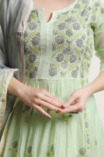 Srajann Hand Embroided Green Mul Chanderi Lucknowi Chikankari Unstitched Kurta Dupatta Set (SLC3536) - Image 5