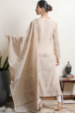 Srajann Hand Embroided Fawn Tissue Lucknowi Chikankari Unstitched Kurta Dupatta Set (SLC3664) - Image 4