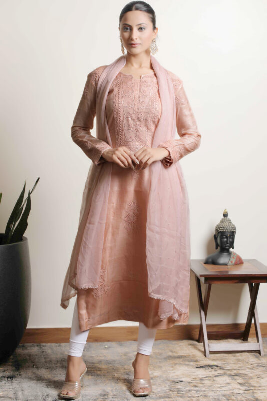 Elegant Hand Embroidered Rust Silk Lucknowi Chikankari Unstitched Kurta Dupatta Set by Srajann