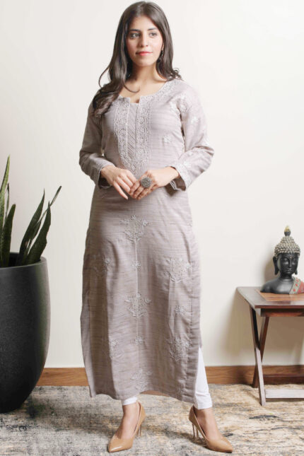Elegant Hand Embroidered Grey Kota Lucknowi Chikankari Straight Kurta by Srajann
