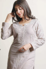 Srajann Hand Embroidred Grey Kota Lucknowi Chikankari Straight Kurta (SLC6061) - Image 4