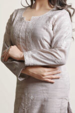 Srajann Hand Embroidred Grey Kota Lucknowi Chikankari Straight Kurta (SLC6061) - Image 5