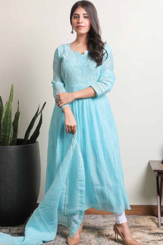 Blue Mul Chanderi Lucknowi Chikankari Unstitched Kurta Dupatta Set by Srajann, showcasing intricate hand embroidery on luxurious fabric
