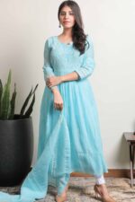Blue Mul Chanderi Lucknowi Chikankari Unstitched Kurta Dupatta Set by Srajann, showcasing intricate hand embroidery on luxurious fabric