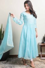 Srajann Hand Embroided Blue Mul Chanderi Lucknowi Chikankari Unstitched Kurta Dupatta Set (SLC35363798) - Image 3