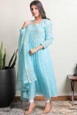 Srajann Hand Embroided Blue Mul Chanderi Lucknowi Chikankari Unstitched Kurta Dupatta Set (SLC35363798) - Image 4