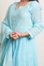 Srajann Hand Embroided Blue Mul Chanderi Lucknowi Chikankari Unstitched Kurta Dupatta Set (SLC35363798) - Image 5