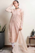 Srajann Hand Embroided Beige Organza Lucknowi Chikankari Unstitched Kurta Dupatta Set (SLC5455) - Image 2