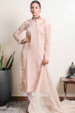 Elegant Hand Embroidered Beige Organza Lucknowi Chikankari Unstitched Kurta Dupatta Set by Srajann.
