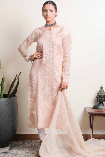 Elegant Hand Embroidered Beige Organza Lucknowi Chikankari Unstitched Kurta Dupatta Set by Srajann.