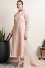 Srajann Hand Embroided Beige Organza Lucknowi Chikankari Unstitched Kurta Dupatta Set (SLC5455) - Image 4