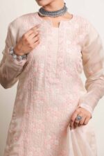Srajann Hand Embroided Beige Organza Lucknowi Chikankari Unstitched Kurta Dupatta Set (SLC5455) - Image 5