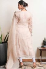 Srajann Hand Embroided Beige Organza Lucknowi Chikankari Unstitched Kurta Dupatta Set (SLC5455) - Image 6