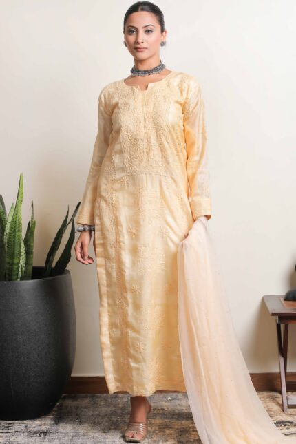 Elegant Hand Embroidered Cotton Tusser Silk Lucknowi Chikankari Unstitched Kurta Dupatta Set by Srajann.