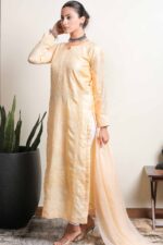 Srajann Hand Embroided Cotton Tusser Silk Lucknowi Chikankari Unstitched Kurta Dupatta Set (SLC51525356) - Image 3