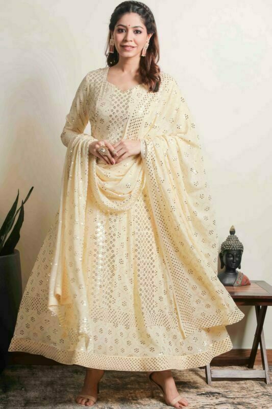 Srajann Hand Embellishment Anarkali Pure Georgette Unstitched Suit only Mukaish