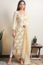 Srajann Hand Embroided Lemon Pure Georgette Lucknowi Chikankari Unstitched Kurta Dupatta Set