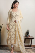 Srajann Hand Embroided Lemon Pure Georgette Lucknowi Chikankari Unstitched Kurta Dupatta Set (SLC9192) - Image 3