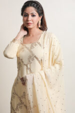 Srajann Hand Embroided Lemon Pure Georgette Lucknowi Chikankari Unstitched Kurta Dupatta Set (SLC9192) - Image 4