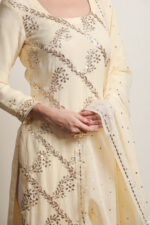 Srajann Hand Embroided Lemon Pure Georgette Lucknowi Chikankari Unstitched Kurta Dupatta Set (SLC9192) - Image 5