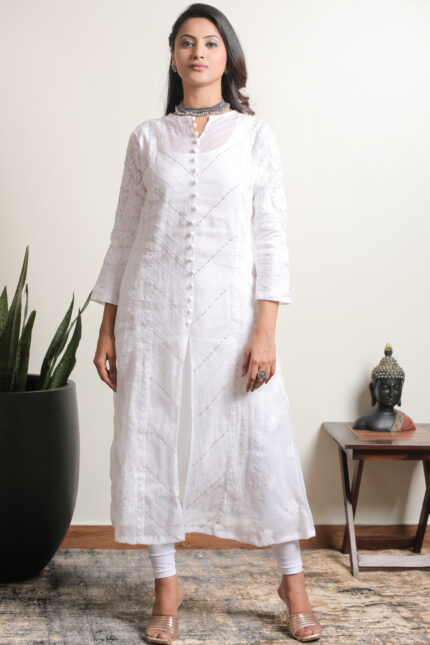 Srajann Hand Embroidred White Cotton Lucknowi Chikankari Straight Kurta