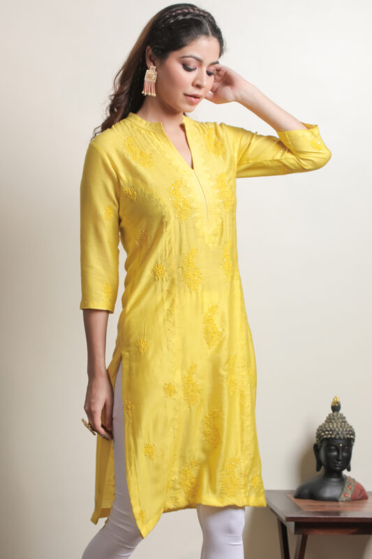 Srajann Hand Embroidred Yellow Mul Chanderi Lucknowi Chikankari Straight Knee Length Kurta