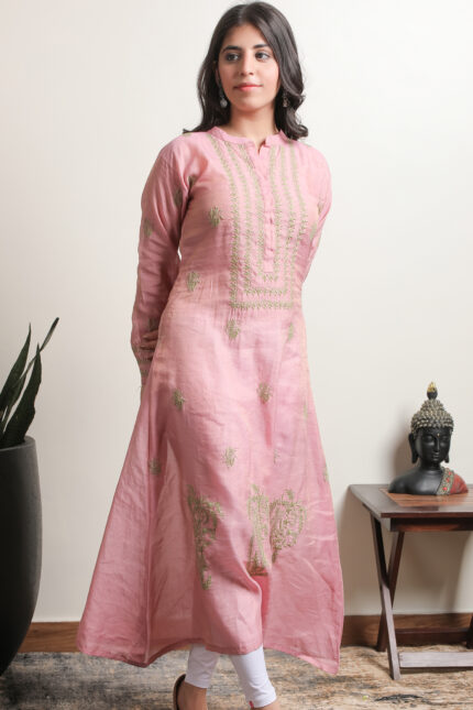 Srajann Hand Embroidred Pink Tissue Silk Lucknowi Chikankari A Line Kurta