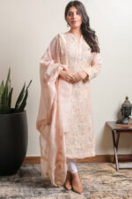 Srajann Hand Embroided Fawn Mul Chanderi Lucknowi Chikankari Unstitched Kurta Dupatta Set (SLC12500) - Image 3