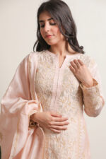 Srajann Hand Embroided Fawn Mul Chanderi Lucknowi Chikankari Unstitched Kurta Dupatta Set (SLC12500) - Image 4