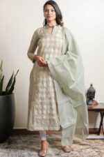 Srajann Hand Embroided Pista Green Mul Chanderi Lucknowi Chikankari Unstitched Kurta Dupatta Set (SLC1321) - Image 5