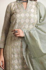 Srajann Hand Embroided Pista Green Mul Chanderi Lucknowi Chikankari Unstitched Kurta Dupatta Set (SLC1321) - Image 3