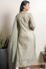 Srajann Hand Embroided Pista Green Mul Chanderi Lucknowi Chikankari Unstitched Kurta Dupatta Set (SLC1321) - Image 6