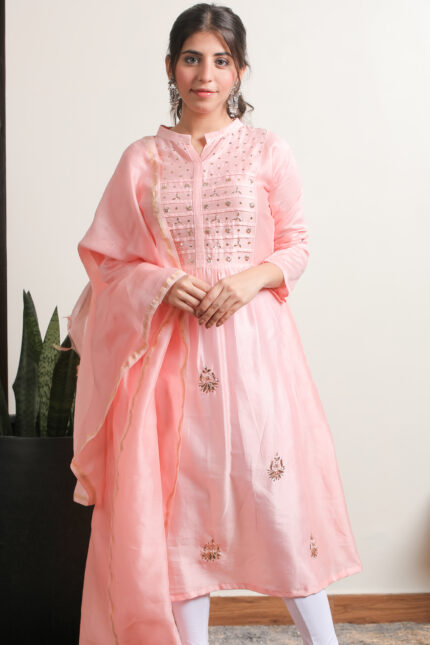 Elegant peach Lucknowi Chikankari unstitched kurta dupatta set by Srajann