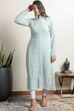 Srajann Hand Embroidred  Blue Pure Georgette Lucknowi Chikankari Sherwani Style Long Kurta (SLC3308) - Image 3