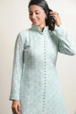 Srajann Hand Embroidred  Blue Pure Georgette Lucknowi Chikankari Sherwani Style Long Kurta (SLC3308) - Image 4