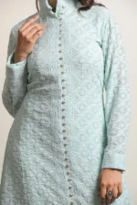 Srajann Hand Embroidred  Blue Pure Georgette Lucknowi Chikankari Sherwani Style Long Kurta (SLC3308) - Image 5