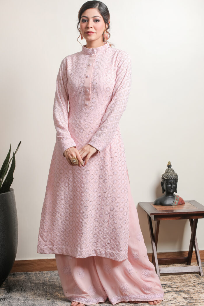 Exquisite peach Lucknowi Chikankari straight kurta by Srajann