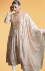 Srajann Hand Embroided Fawn Tissue Lucknowi Chikankari Unstitched Kurta Dupatta Set (SLC3664) - Image 5