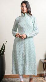 Srajann Hand Embroidred  Blue Pure Georgette Lucknowi Chikankari Sherwani Style Long Kurta (SLC3308)