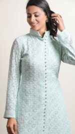 Srajann Hand Embroidred  Blue Pure Georgette Lucknowi Chikankari Sherwani Style Long Kurta (SLC3308) - Image 3