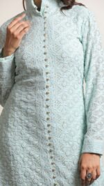 Srajann Hand Embroidred  Blue Pure Georgette Lucknowi Chikankari Sherwani Style Long Kurta (SLC3308) - Image 4