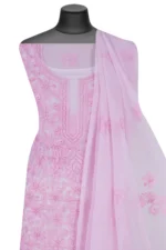 Srajann Hand Embroided Pink Faux Georgette Lucknowi Chikankari Unstitched Kurta Dupatta Set (SLC1376) - Image 6