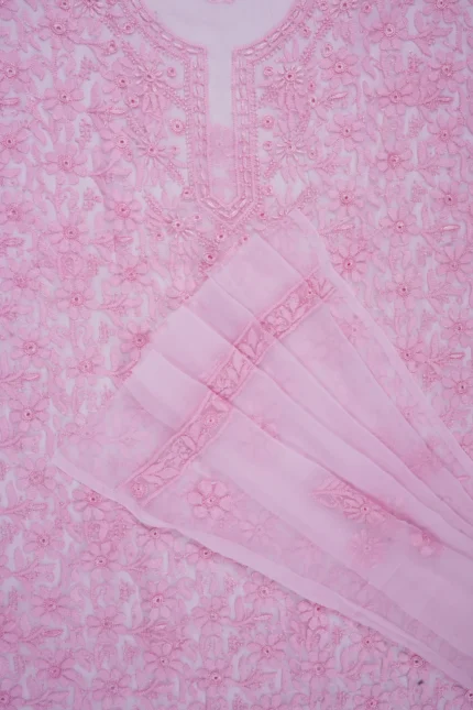 Srajann Hand Embroided Pink Faux Georgette Lucknowi Chikankari Unstitched Kurta Dupatta Set